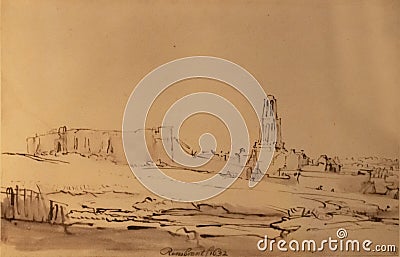 View on Rhenen drawing by Rembrandt van Rijn Stock Photo